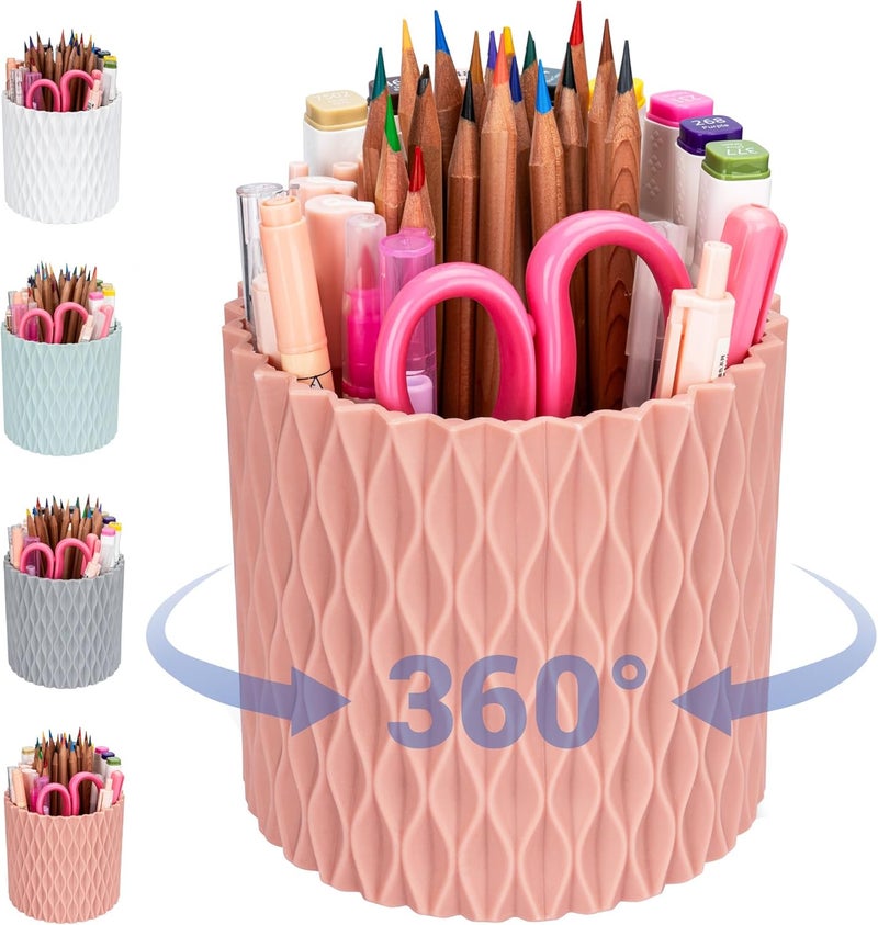 4Johor Pencil Holder - 360° Rotation, 5 Slot Desk Supplies For Women Office Aesthetic. Pencil Holder For Office&School, Desk Accessories(Pink) - Image 1